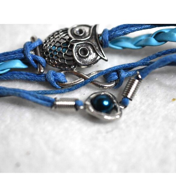 Teal Leather Owl/Infinity/Floating Bead Heart Silver Tone Multi Strap Bracelet - Picture 2 of 3